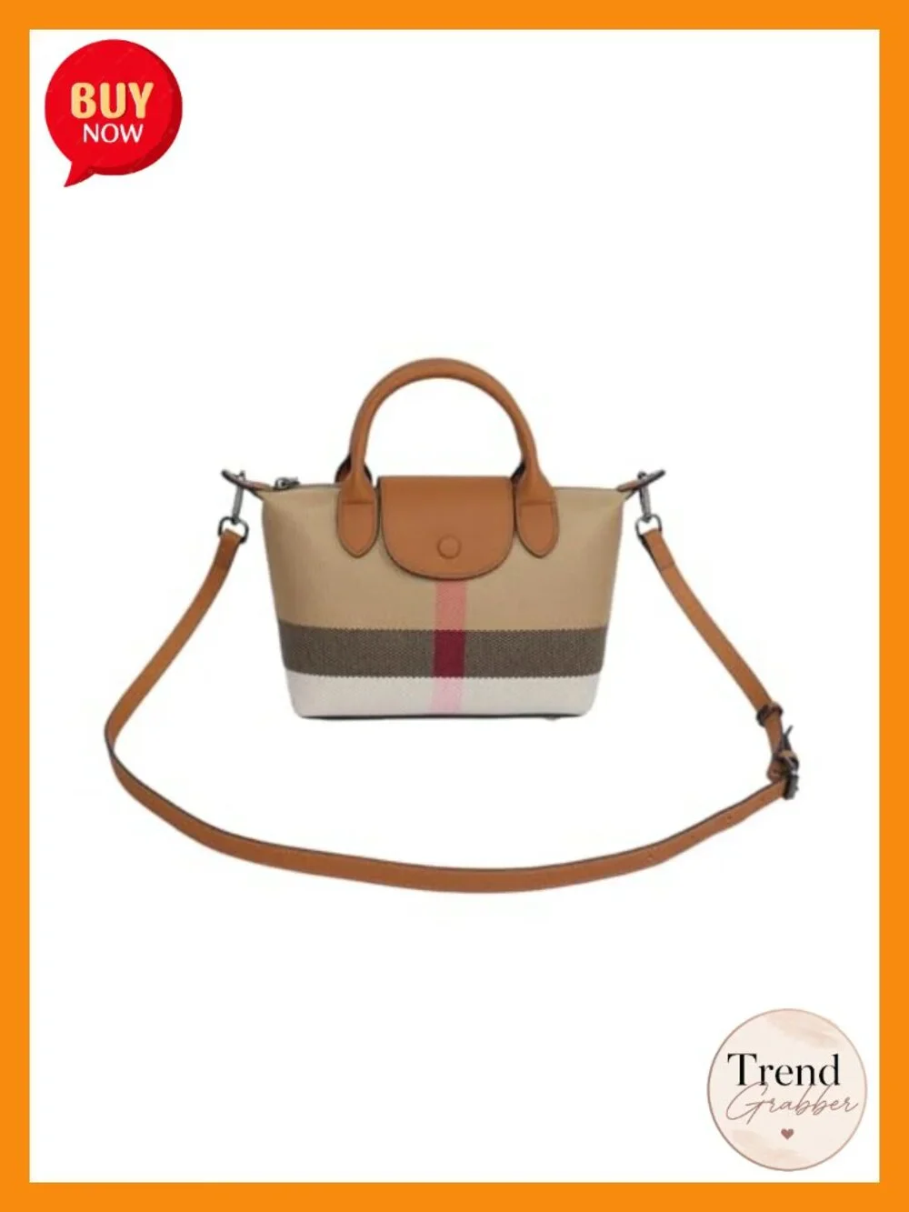 Structured Plaid Canvas Crossbody Satchel with Genuine Leather Trim, Magnetic